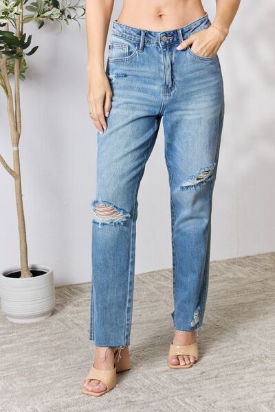 Zephyra Distressed Raw Hem Straight Jeans